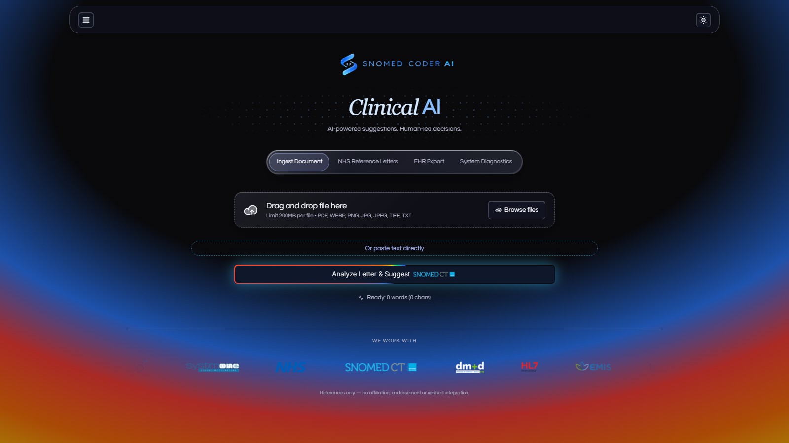 Actual Anim V8 app home page: document upload and clinical review workflow