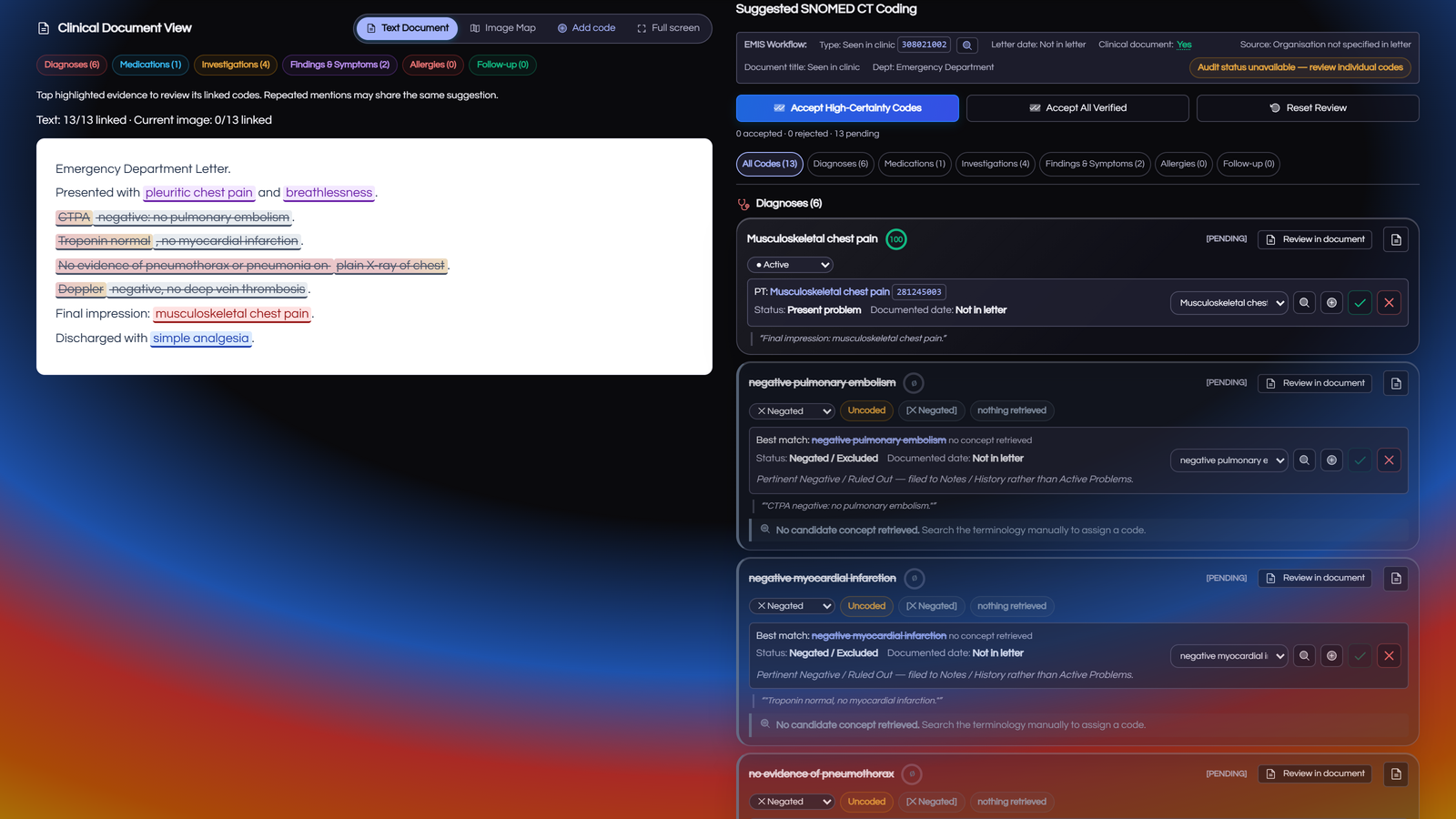 Actual Anim V8 app on synthetic CASE-008: source highlights beside a musculoskeletal chest pain suggestion and negated findings.